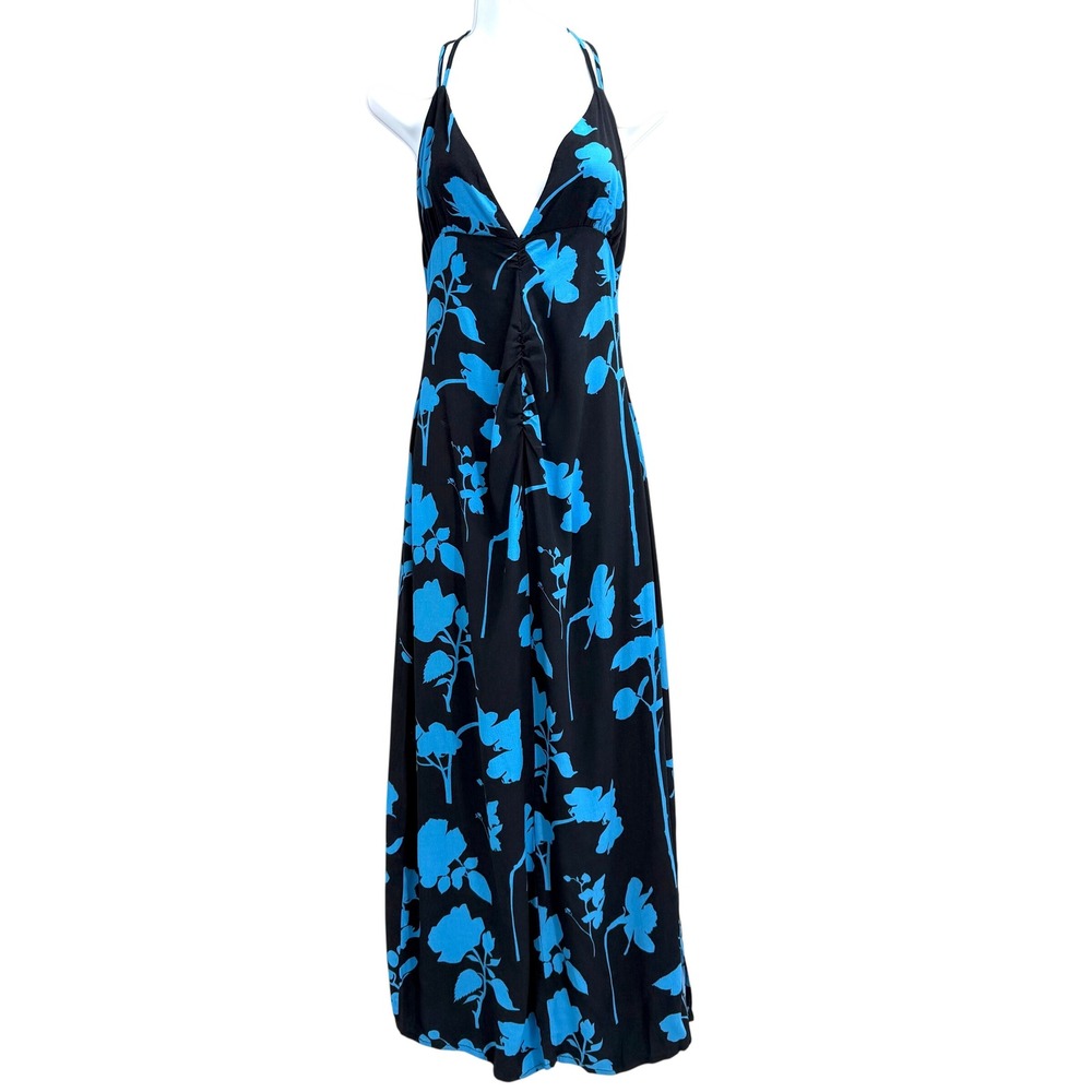 Nasty Gal‎ Floral Maxi Dress Size 6 Plunging Neckline Sleeveless Blue Ruched
